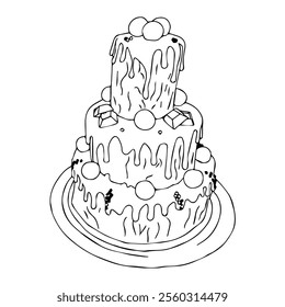 Three-tier cake decorated with chocolate candies, sprinkles, and almonds. Vector illustration in doodle style isolated on white background.