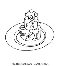 Three-tier cake decorated with chocolate candies, sprinkles, and almonds. Vector illustration in doodle style isolated on white background.