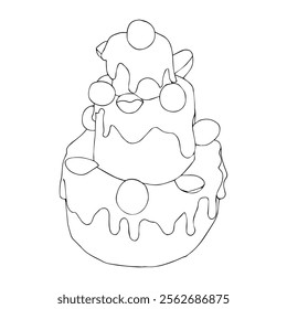 Three-tier cake decorated with chocolate candies, sprinkles, and almonds. Vector illustration in doodle style isolated on white background.