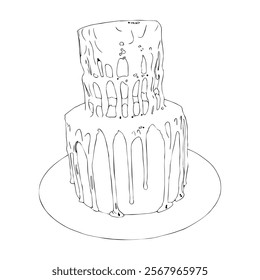 Three-tier cake decorated with chocolate candies, sprinkles, and almonds. Vector illustration in doodle style isolated on white background.