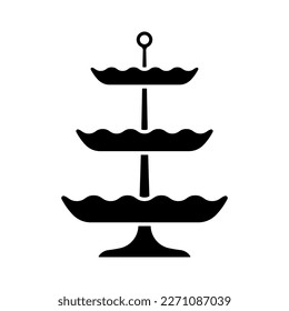 Three-tier fruit bowl icon. Candy rack. Candy bowl. Black silhouette. Vertical front side view. Vector simple flat graphic illustration. Isolated object on a white background. Isolate.