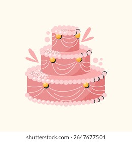 Three-tier pink cake decorated with cream swirls and round toppings on beige background. Flat vector illustration. Dessert and celebration concept for design and print
