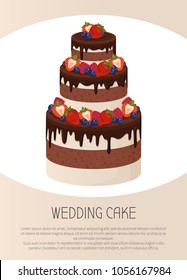 Three-tier wedding cake with chocolate and cream layers decorated with ripe sweet strawberries isolated cartoon flat vector illustration