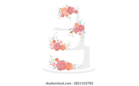 Three-tier wedding cake decorated with elegant pink and orange roses and decorative gold swirls on a white background.