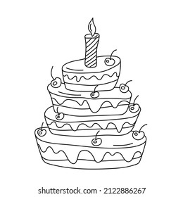 Three-tiered birthday cake with candle and berries in doodle style.
