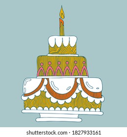 Three-tiered birthday cake with a candle. Birthday cake. Idea for a postcard, greeting card, children's creativity.