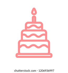 Three-tiered birthday cake with candle pink and white vector icon. Simple image isolated at white background.