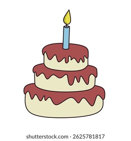 Three-tiered birthday cake with chocolate frosting and a lit blue candle. Perfect for celebration graphics and festive designs.