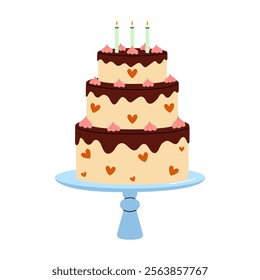 Three-tiered birthday cake decorated with hearts and candles on a blue stand