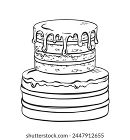 A threetiered birthday cake depicted in black and white line art drawing