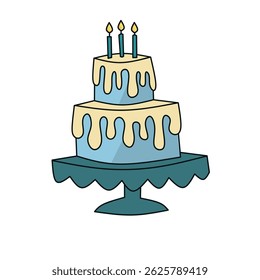 Three-tiered birthday cake with dripping frosting and candles. Perfect for celebrations, parties, and dessert-themed graphics. Ideal for invitations and events.