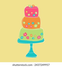 A three-tiered cake adorned with colorful flowers on each layer. The flowers are hand-painted in a doodle style, adding a whimsical touch to the cake design
