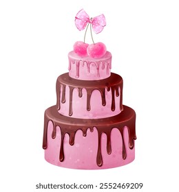 Three-tiered cake with cherry. Vector watercolor pie  with chocolate icing