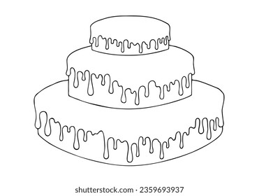 Three-tiered cake with chocolate frosting. Hand Drawn. Freehand drawing. Doodle. Sketch. Outline. Coloring page.	