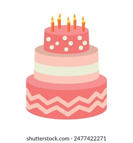 A three-tiered cake with colorful candles on top, ready for a celebration.