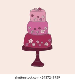 A three-tiered cake decorated with colorful flowers is displayed. The cake is hand-painted with intricate designs and topped with blooming flowers in various shades