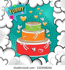 Three-tiered cake, hearts and the inscription yummy in the frame of cartoon clouds, smoke, steam. Pop art picture. Vector illustration