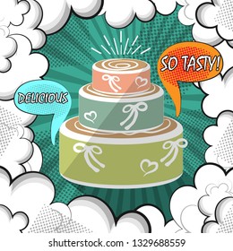 Three-tiered cake on a background pop art wallpaper in vintage style. Vector illustration