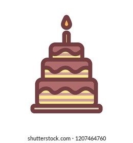 Three-tiered chocolate birthday cake with candle, vector icon. Simple image isolated at white background.