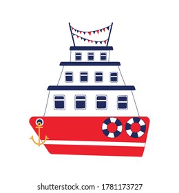 Three-tiered cruise liner with two lifebuoys and colourful flags. Red and blue ship with yellow anchor. Flat vector. 