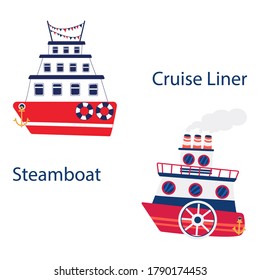 Three-tiered cruise ship with party flags on the masts. Steamboat with three pipes and a wheel. Isolated vector. 