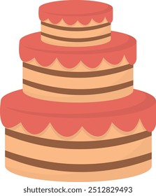 Three-tiered festive cake with red and beige icing, suitable for celebrations and events. 