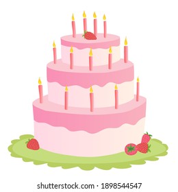 Three-tiered pink cake with burning candles and fresh strawberries. On a green tray. Color image on a white background. Doodle.