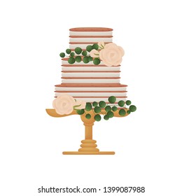 Three-tiered striped cake with white flowers. Vector illustration on white background.