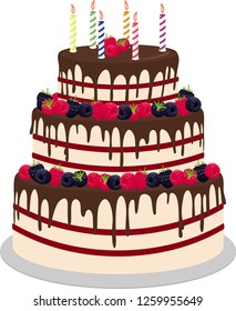 Three-tiered wedding or birthday cake in chocolate, decorated with paspberries and blueberries isolated on a white background. Vector illustration for a menu or a confectionery catalog.