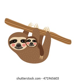 Three-toed Mother and child Sloth hanging on tree animal cartoon character isolated on white background.