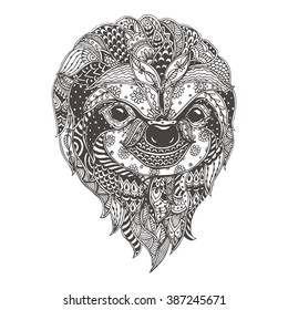 Three-toed sloth with doodle pattern. Coloring page - zendala, design for spiritual relaxation for adults, vector illustration, isolated on a white background. Zen doodles