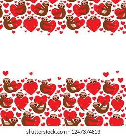 Three-toed sloth holding red heart, isolated on white background.  Valentine's Day Card banner template. Funny Kawaii animal, copy space. Vector