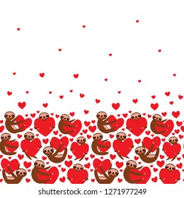 Three-toed sloth holding red heart, isolated on white background. Valentine's Day Card banner template. Funny Kawaii animal, copy space. Vector