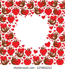 Three-toed sloth holding red heart, isolated on white background. Valentine's Day Card banner template. Funny Kawaii animal, copy space. Vector