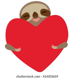 Three-toed sloth holding red heart, isolated on white background. Vector
