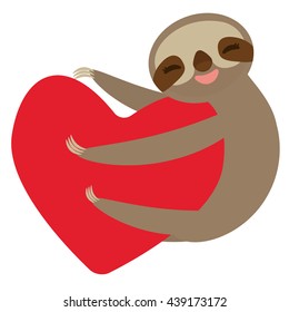 Three-toed sloth holding red heart, isolated on white background. Vector