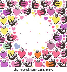 Three-toed sloth holding red pink, yellow, lilac, orange, blue heart, isolated on white background. Valentine's Day Card banner template. Funny Kawaii animal, copy space. Vector