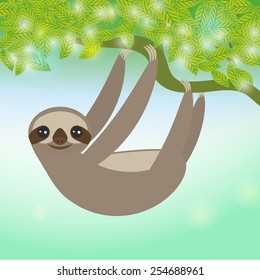 Three-toed sloth on green branch. Vector 
