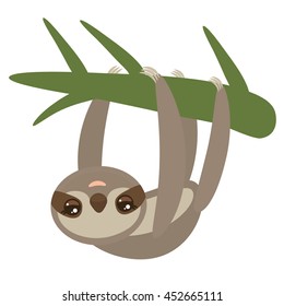 Three-toed sloth on green branch on white background. Vector