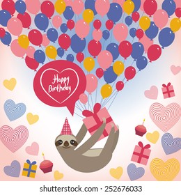 Three-toed sloth on white background. happy birthdaycard. Heart, gift box, balloons, birthday cake, hat. Blue, pink, orange. Vector