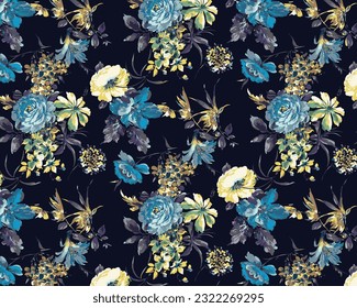 three-tone color solid abstract big roses and small hibiscus flower mixed, all over vector design with tosca and yellow background illustration digital image for textile or wrapping paper print