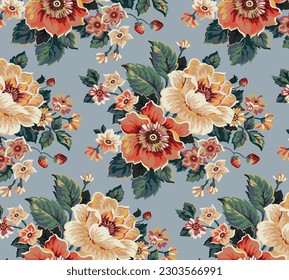 three-tone a solid abstract big roses and hibiscus flower with small flower, all over vector design with solid background illustration digital image for textile or wrapping paper printing factory