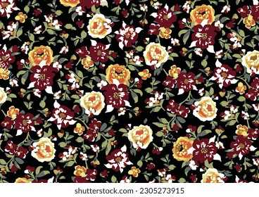 three-tone a solid abstract roses and hibiscus flower mixed with red and yellow tone color, all over vector design with solid background illustration digital image for textile or wrapping paper print