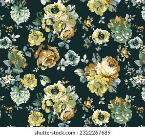 three-tone solid abstract small and big roses flower with green solid background, all over illustration vector digital image for textile or wrapping paper printing factory