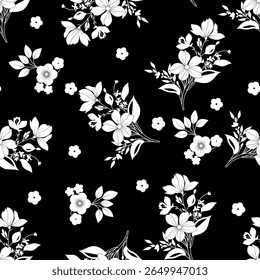 three-tone solid abstract small hibiscus flower with black color background, all over vector design with solid background illustration digital image for textile or wrapping paper printing factory