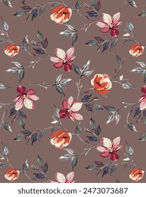 three-tone textile design solid abstract hibiscus flowers with stalk leaves, all-over seamless pattern with pink and gray tone color illustration digital image printing factory