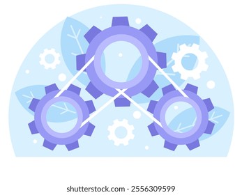 Three-tooth gear mechanism. Hard work and teamwork concept. Vector graphics