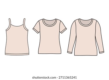 Conjunto de camisetas femininas de três tipos com camisola, manga curta e manga longa