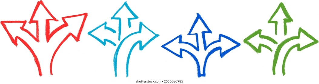 Three-Way Arrow Icon Crayon Chalk Drawing Vector Set