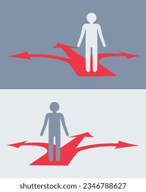 Three-way arrow icon. A man stands on Arrows pointing in different directions. Choice, option, opportunity, split, road, choose, business success concept. Goal setting, choosing alternative path.